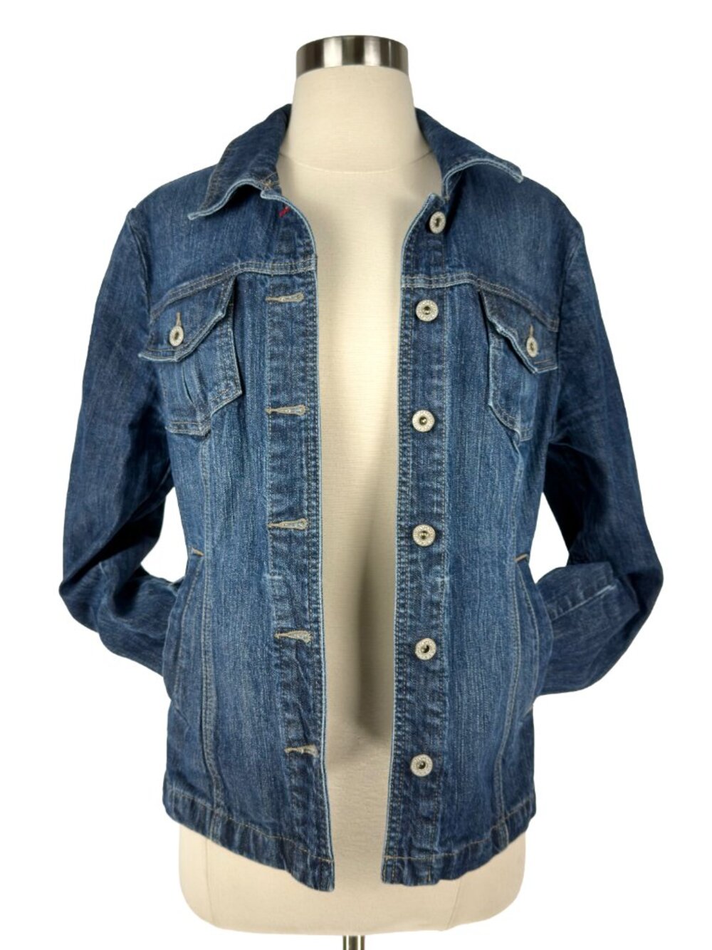 Tommy Hilfiger Dark Wash Denim Trucker Jacket Womens Large L Fitted Flag Logo